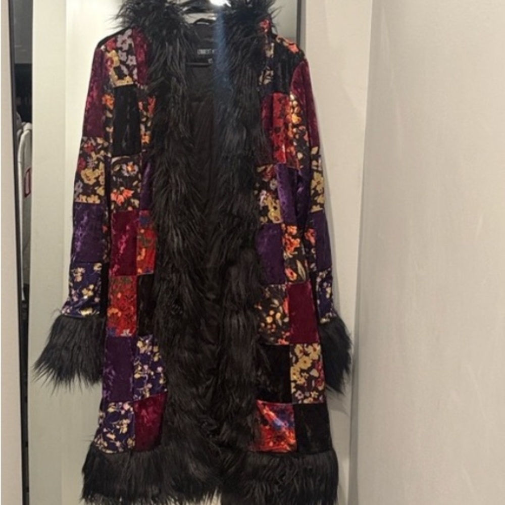 LAST ONE 70s Inspired Black Faux Fur Patchwork Jacket Halloween Goth Style